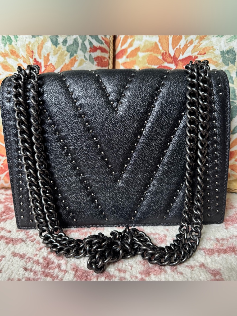 MMCM Black Stud-Accent Crossbody with Gunmetal Chain